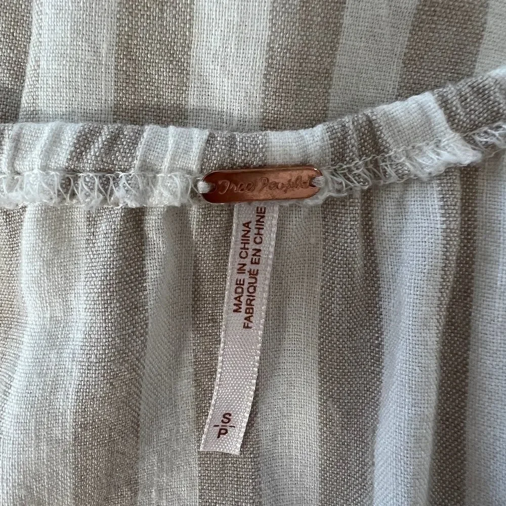 Free People Tan and White Stripe Folk Town Linen Blend Mini Dress Size S
